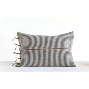 3R Studios Black & Beige Striped Cotton Ticking Lumbar with Leather Trim 24 in. x 16 in. Throw Pillow