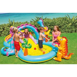 Intex 11ft x 7.5ft x 44in Dinoland Backyard Play Center Kiddie Inflatable Swimming Pool with Slide, Dino Arch Water Sprayer and Games for Ages 2+