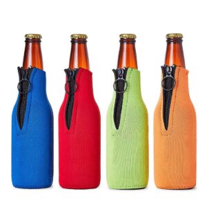 Juvale 4 Pack Beer Bottle Cooler with Zipper, 4 Assorted Colors (2.2 x 7 in)