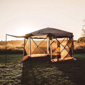 Gazelle Tents G6 Portable Deluxe Pop Up 6 Sided Hub Gazebo Screen Tent with Easy 60 Second Set Up and Zippered Door, Fits 8 People and Table, Brown