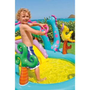 Intex 11ft x 7.5ft x 44in Dinoland Backyard Play Center Kiddie Inflatable Swimming Pool with Slide, Dino Arch Water Sprayer and Games for Ages 2+