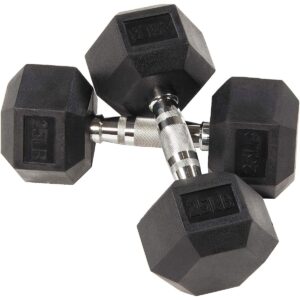 Sporzon Exercise Equipment Rubber Encased Pair of Hexagon Handheld Weight Dumbbells with Contoured Non Slip Handles for Home Fitness, 25 Pounds