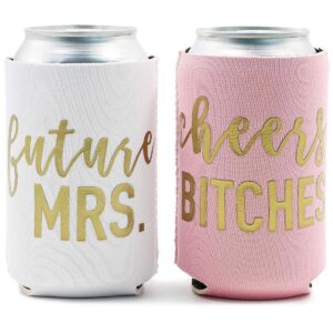 Blue Panda 12-Pack Can Cooler Sleeves Beer Koozies 12 oz Insulated Holder Gold Embroider Fonts "Future MRS." "Cheers Bitches" for Bachelorette Party