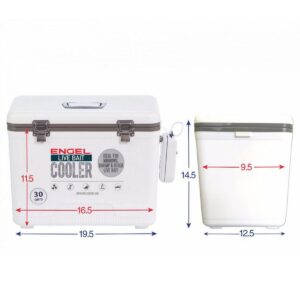Engel 30 Quart Portable Insulated Live Bait Fishing Dry Box 48 Can Hard Airtight Cooler with Water Speed Aerator Pump and Removable Pull Net, White