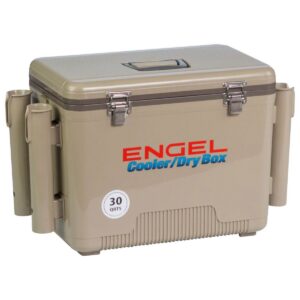 Engel 30-Quart 48 Can Portable Leak-Proof Compact Lightweight Insulated Airtight Hard Drybox Cooler with 4 Rod Holders for Fishing, and Camping, Tan