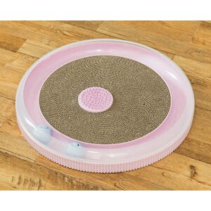 PawsMark Pink 4 in 1 Interactive Round Cat Scratcher, Lounge, Toy and Brush