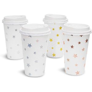 48-Pack Cute Foil Stars Insulated Disposable Coffee Cups with Lids, 16oz Paper Hot Cup to Go for Twinkle Little Star Baby Shower, Birthday, Events