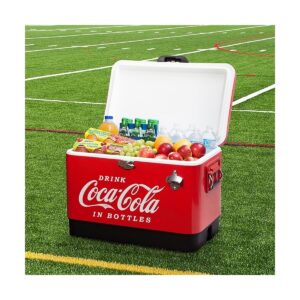 Koolatron Large 54 Quart 85 Can Capacity Portable Retro Coca-Cola Ice Chest Stainless Steel Hard Cooler with Built In Bottle Opener, Red