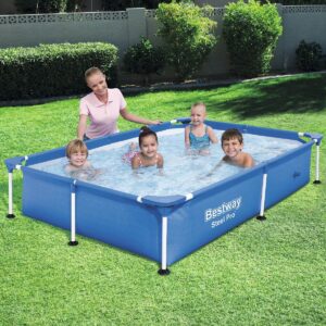 Bestway 56545E Steel Pro 7.25 x 4.9 x 1.4 Ft Outdoor Rectangular Frame Above Ground Family Kids Swimming Pool with Easy Setup, Blue