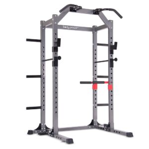 Body Power Deluxe Rack Cage with Accessories, Attachments, Safety Bars, and Built-In Floor-Mount Anchors for Home or Gym Workout
