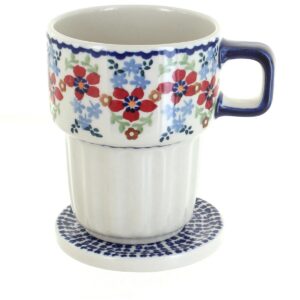 Blue Rose Polish Pottery Red Poppy Large Mug with Lid