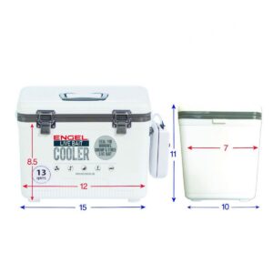 Engel 13 Quart Portable Insulated Live Bait Fishing Dry Box 18 Can Hard Airtight Cooler with Water Speed Aerator Pump and Removable Pull Net, White