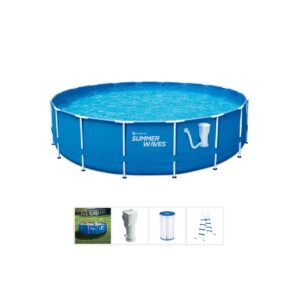 Summer Waves Active 14 Foot x 36 Inch Metal Frame Outdoor Backyard Above Ground Swimming Pool Set with Filter Pump, Ladder, and Repair Patch