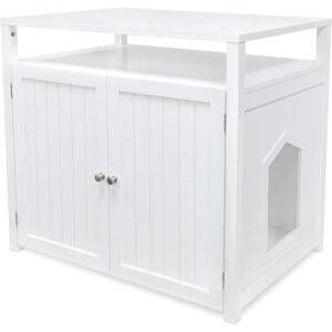 Arf Pets Cat Litter Box Enclosure, Furniture Large Box House with Table - White