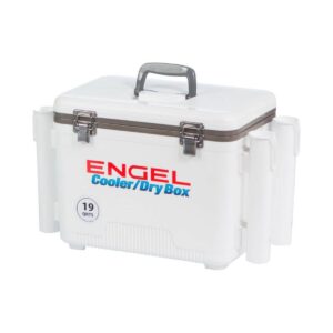 Engel 19 Quart Fishing Rod Holder Attachment Insulated Dry Box Ice Cooler with Stain/Odor-Resistant Surface and Shoulder Strap, White