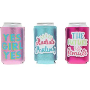 6-Pack Metallic Can Cooler Sleeves, 12 oz Insulated Beer & Soda Koozies, 6 Cute Girl Power Designs for Women, Girls Night Out Parties, Blue & Pink