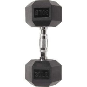 Sporzon Exercise Equipment Single Rubber Encased Hexagon Handheld Free Weight Dumbbell with Contoured Non Slip Handle for Home Fitness, 30 Pounds