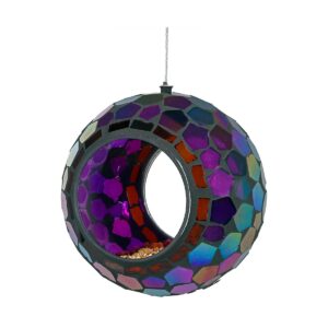 Sunnydaze Outdoor Garden Patio Round Glass with Mosaic Design Hanging Fly-Through Bird Feeder - 6" - Purple