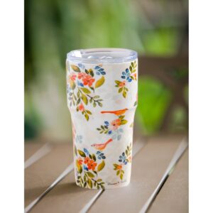 Evergreen Flag Double Wall Ceramic Companion Cup with Tritan Lid, 13 OZ, Mighty Floral Pattern