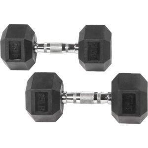 Sporzon Exercise Equipment Rubber Encased Pair of Hexagon Handheld Weight Dumbbells with Contoured Non Slip Handles for Home Fitness, 25 Pounds