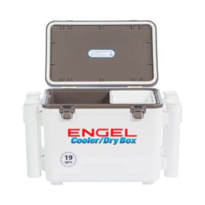 Engel 19 Quart Fishing Rod Holder Attachment Insulated Dry Box Ice Cooler with Stain/Odor-Resistant Surface and Shoulder Strap, White