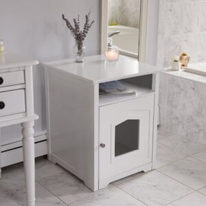 Arf Pets Designer Enclosed Cat Litter Box Furniture House with Table, Cat Washroom Hidden House Enclosure, White