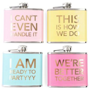 Juvale Pack of 4 Stainless Steel Flask, Hip Flasks for 5oz Liquor, 4 Trendy Colorful Designs for Wedding & Bachelorette Party Favors