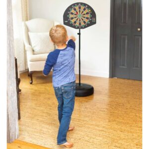 HearthSong 2-in-1 Basketball and Magnetic Dart Game for Indoor Play with Six Darts, Inflatable Basketball, Pump, and Hoop