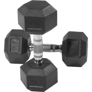 Sporzon Exercise Equipment Rubber Encased Pair of Hexagon Handheld Weight Dumbbells with Contoured Non Slip Handles for Home Fitness, 25 Pounds