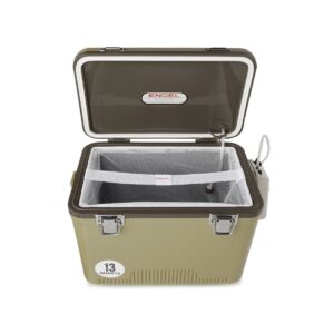 Engel 13 Quart Portable Insulated Live Bait Fishing Dry Box 18 Can Hard Airtight Cooler with Water Speed Aerator Pump and Removable Pull Net, Tan