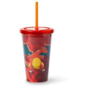 Just Funky Pokémon Charizard Lenticular Plastic Tumbler Cup Lid & Straw | Holds 16 Ounces