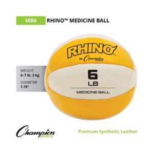 Champion Sports MB6 Rhino Textured Leather 6 Inch Round Non Slip Grip Exercise Medicine Fitness Training Weight Ball, 6 Pounds, Yellow