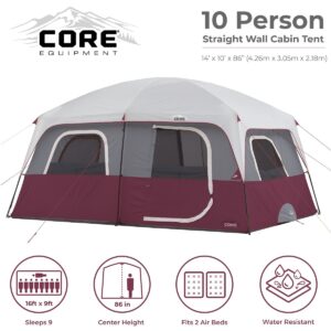 CORE Straight Wall 14 x 10 Foot 10 Person Cabin Tent with 2 Rooms & Rainfly, Red