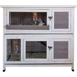 Indoor Outdoor Wooden Pet Bunny Hutch House Cage for Rabbits and Guinea Pigs and Other Small Animals with Ramp and Anti Slip Ladder, White