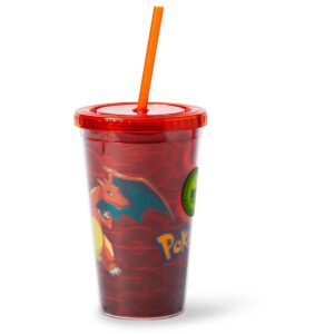 Just Funky Pokémon Charizard Lenticular Plastic Tumbler Cup Lid & Straw | Holds 16 Ounces