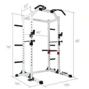 Body Flex Sports SMU6200 Weightlifting Deluxe Home Gym Exercise Power Rack Cage System with Dip Bar Attachments, Bar Catches, and Safety Rods, White