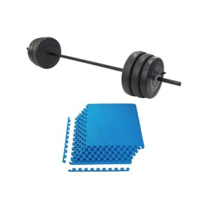Everyday Essentials Steel Barbell Weight Lifting Set with Spring Clip Collars, 100 Pounds and 1/2 Inch Thick Floor Exercise Mat, Blue