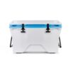 Camco Currituck Outdoor Ice Chest Cooler with Storage Tray and Bottle Opener for Camping, Hunting, Fishing, and Tailgating, 30 Quart, Cyan and White