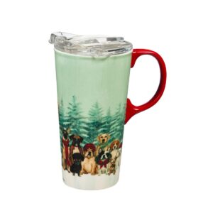 Cypress Home Ceramic Travel Cup, 17 Oz. ,W/Box And Tritan Lid, Royal Pups Holiday