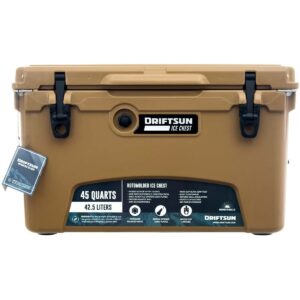 Driftsun Heavy Duty Rotomolded Thermoplastic UV Resistant Portable 45 Quart Insulated Hardside Ice Chest Beverage Cooler, Tan