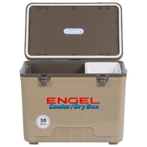 Engel 30-Quart 48 Can Portable Leak-Proof Compact Lightweight Insulated Airtight Hard Drybox Cooler for Fishing, Hunting, and Camping, Tan