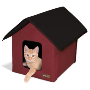 K&H Pet Products 3994 Thermo Outdoor Water Resistant Safe Escape Heated Kitty House with 2 Door Flaps For Feral and Outdoor Cats, Barn Red, Black