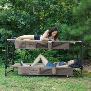 Disc-O-Bed Large Cam-O-Bunk 2 Person Bench Bunked Double Camping Bunk Bed Cot with 2 Side Organizers, Tan