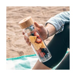 GROSCHE COPENHAGEN Double Walled Glass Tea Infuser Water Bottle, Insulated Bottle with Protective Sleeve, 14.3 fl oz. Capacity