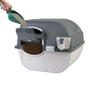 Omega Paw Easy Fill Roll n Clean No Scoop Self Cleaning Rollover Litter Box for Large or Multiple Cat Households, Light and Dark Gray