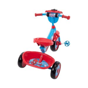 Huffy Marvel Spiderman 3 Wheel Preschool Training Tricycle with Steel Frame, Storage Basket, Plastic Pedals, and Handlebar Grips for Toddlers, Red