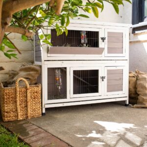 Indoor Outdoor Wooden Pet Bunny Hutch House Cage for Rabbits and Guinea Pigs and Other Small Animals with Ramp and Anti Slip Ladder, White