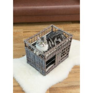 Two-level Willow Pet House with Soft Fabric Cushion For Cat or Dog, Grey