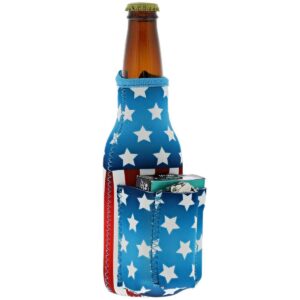 Juvale 2-Pack Patriotic Beer Bottle Cooler Sleeves with Attached Cigarette & Lighter Holder, USA Stars & Stripes Flag Design, Fits 12 oz Bottles