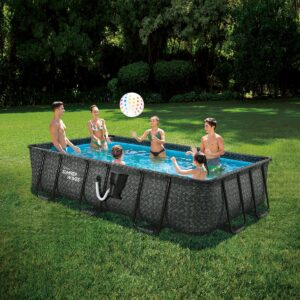 Summer Waves P41408361 14 x 8 Foot 36 Inch Deep Dark Herringbone Print Liner Elite Metal Frame Rectangular Above Ground Pool w/ Filter Pump & Ladder